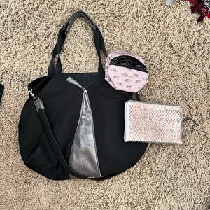 Stella & Dot Work Hard Play Hard Black Tote with Silver & Wallet & Make up bag